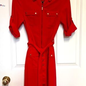 Michael Kors Red Long Sleeve Belted Dress